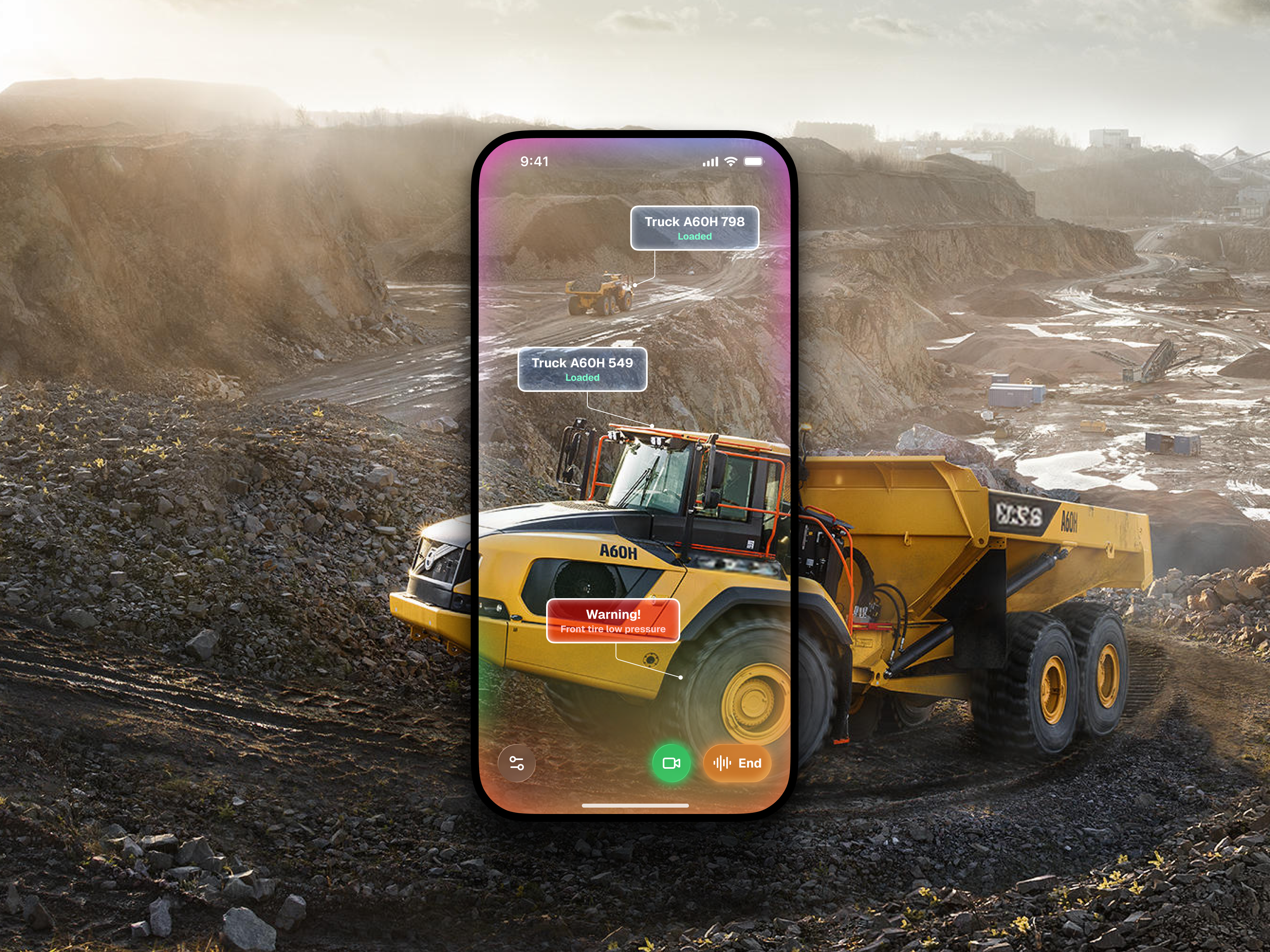 Smart Safety concept: on-site truck detection with alert bubbles and low tire pressure warning.