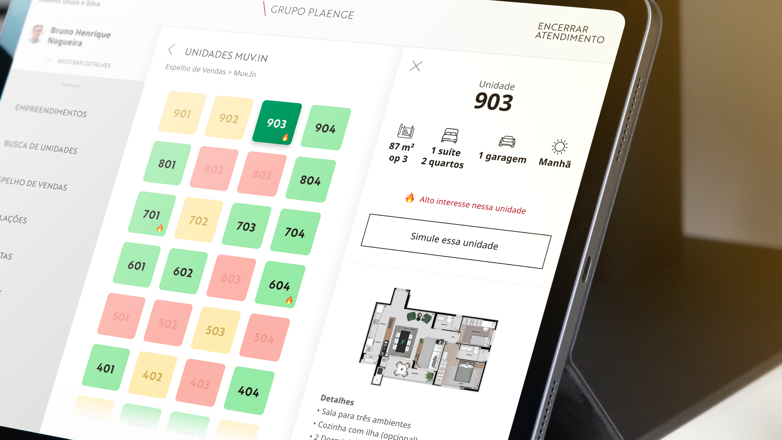 Product screen: available units grid with fit-by-profile and floor plan.